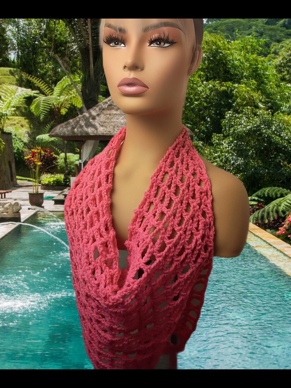 Handmade Crochet Open-Weave Infinity Halter Top - Coral Pink Swim Wear Cover